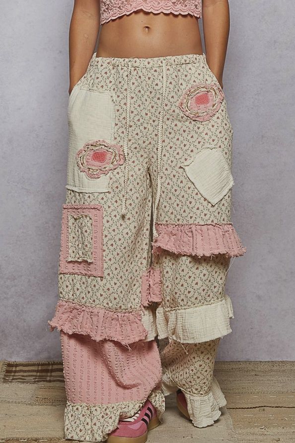 Textured Twill Contrast Ruffle Printed Woven Wide Pants Natural/Pink