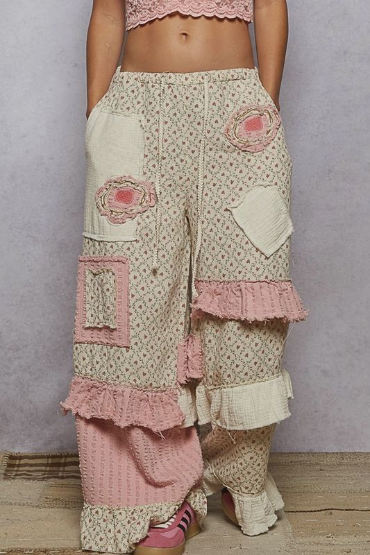 Textured Twill Contrast Ruffle Printed Woven Wide Pants Natural/Pink