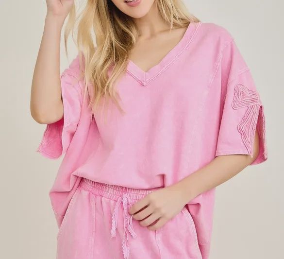 Mineral Washed Cute Bow Trim Slit Blouse Top