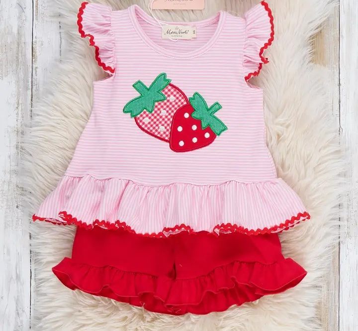 Strawberry Twins Striped Embroidered Cotton Ruffle Outfit