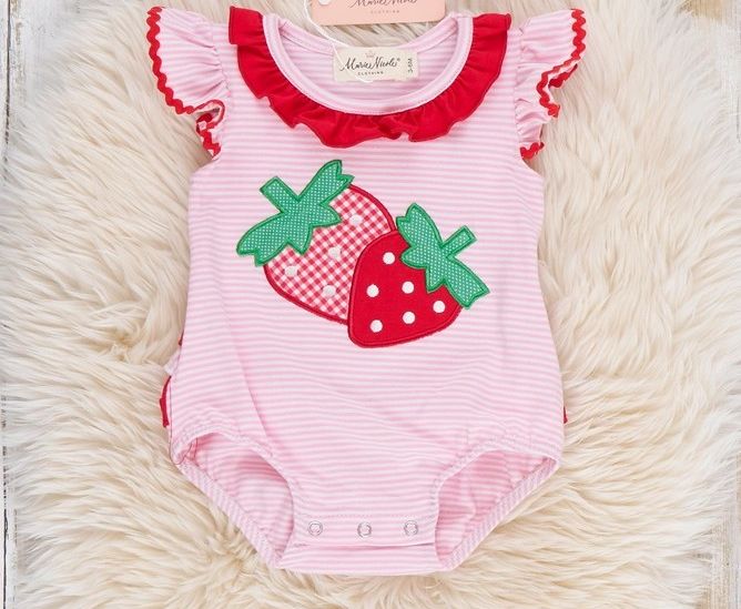 Strawberry Twins Striped Embroidered Cotton Ruffle Bubble Romper