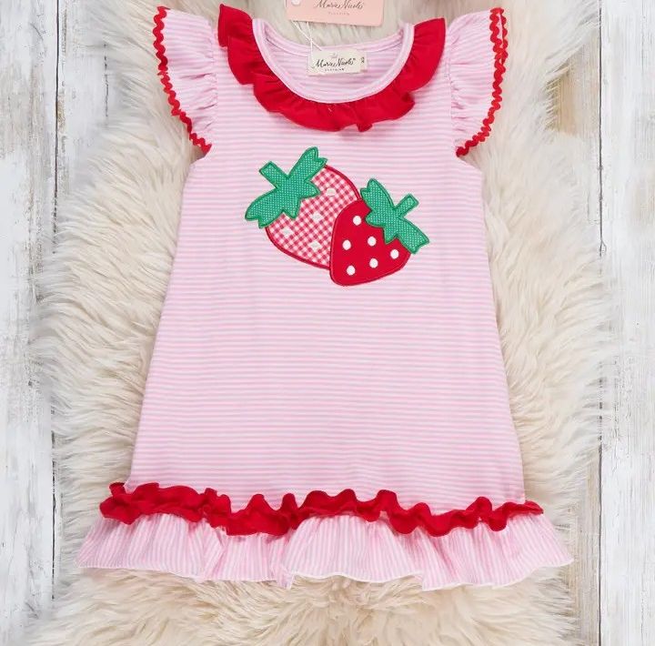 Strawberry Twins Striped Embroidered Cotton Ruffle Dress