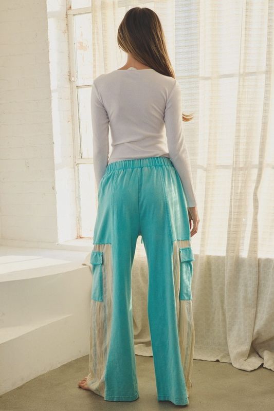 Acid Washed French Terry Wide Leg Pants-Aqua