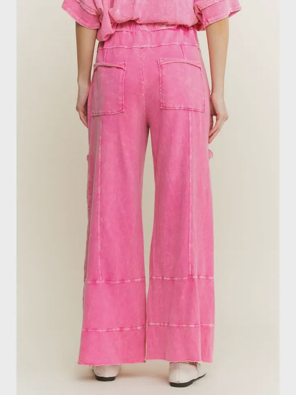 Mineral Wash Wide Leg Cropped Pants-Hot Pink