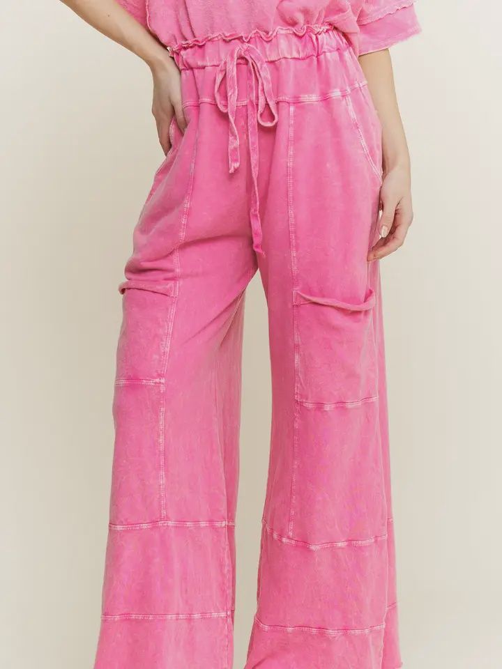 Mineral Wash Wide Leg Cropped Pants-Hot Pink
