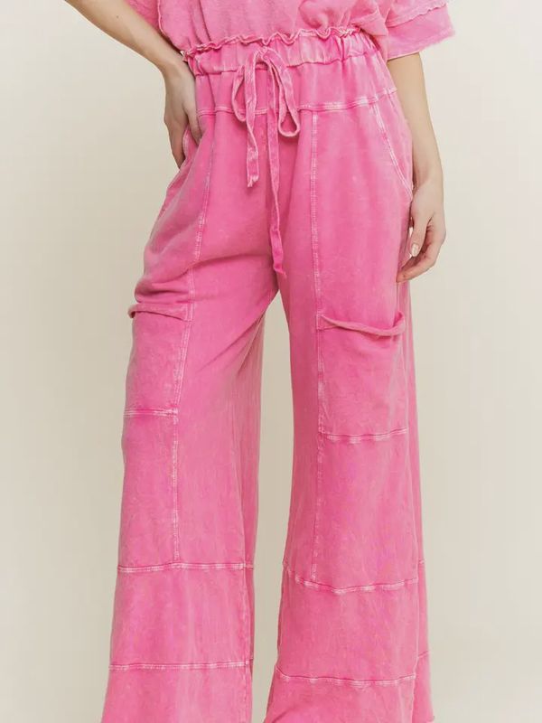 Mineral Wash Wide Leg Cropped Pants-Hot Pink