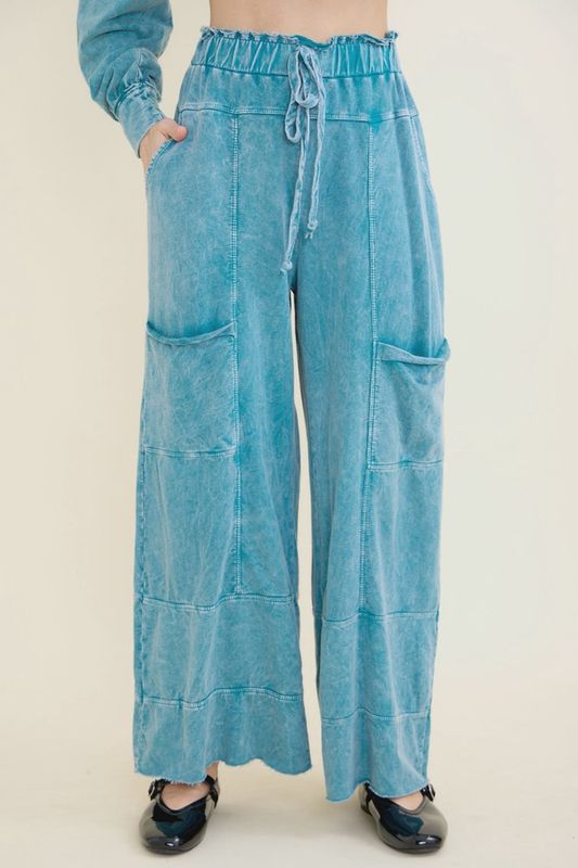 Mineral Wash Wide Leg Cropped Pants-Teal