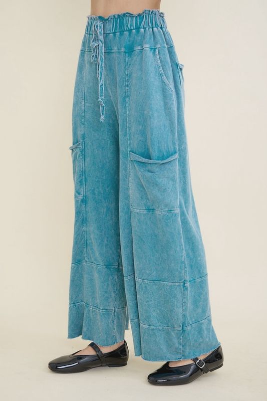 Mineral Wash Wide Leg Cropped Pants-Teal