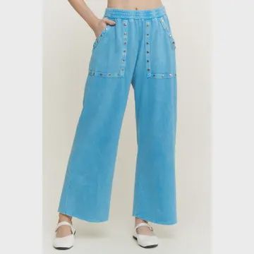 Mineral Washed Studded Wideleg Pocket Pants