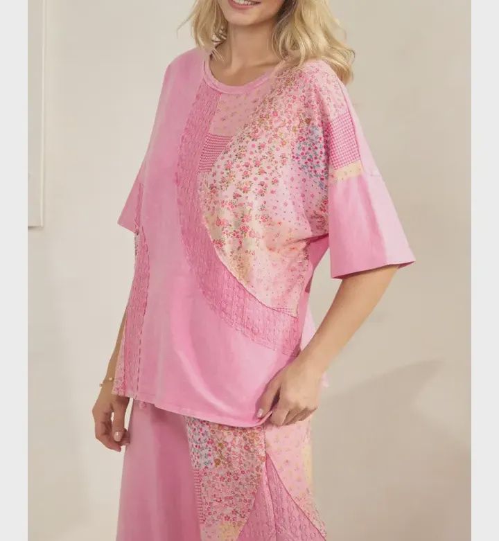 Mineral Washed Spring Picnic Print Lace Top- Bubble Gum