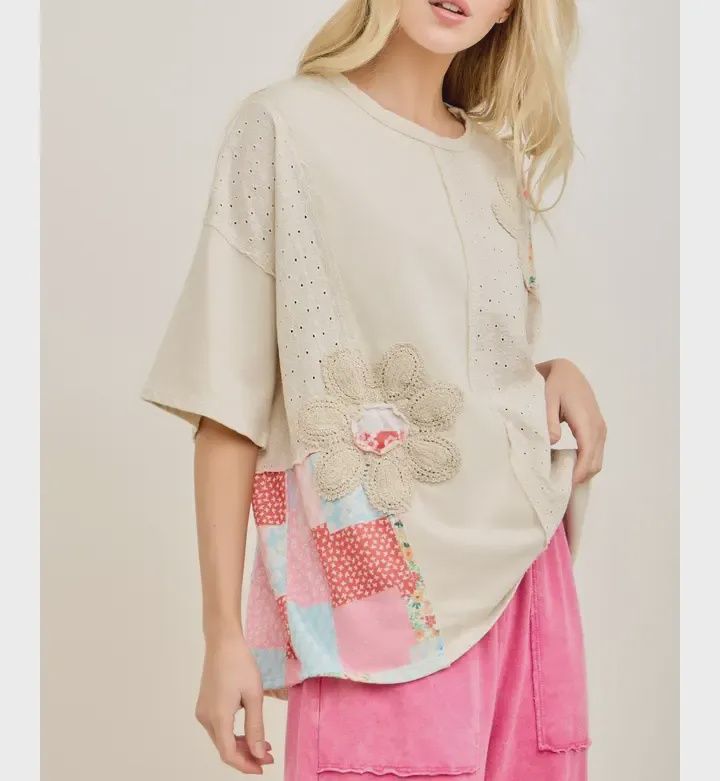 Mineral Washed Floral Patchwork Eyelet Detail Blouse