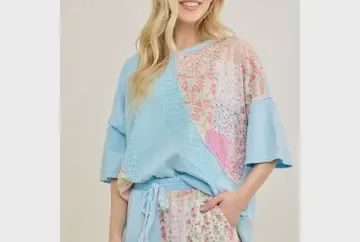 Mineral Washed Spring Picnic Print Lace Blouse Top-Baby Blue