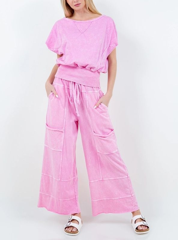 Mineral Wash Wide Leg Cropped Pants-Bubble Gum