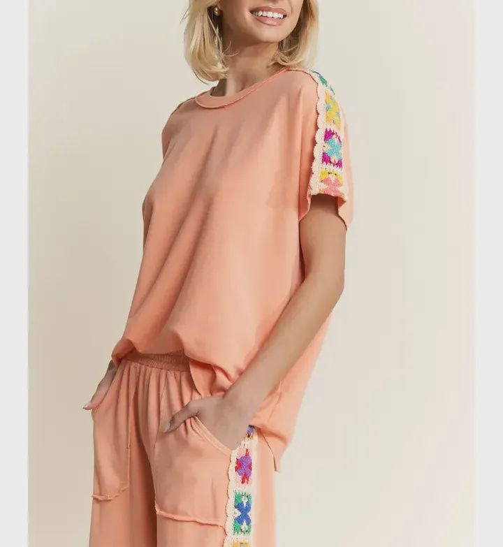 Mineral Washed Crochet Patch Side Trim Knit Top