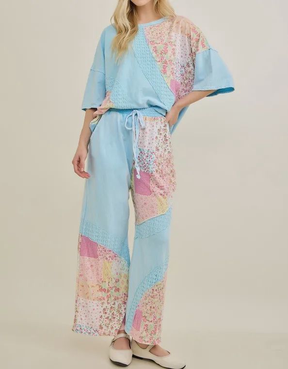 Mineral Washed Spring Picnic Print Lace Pants