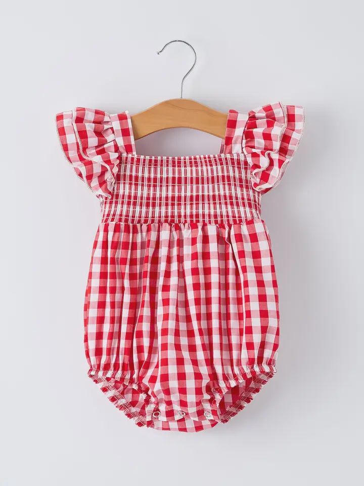 Summer Plaid Smocked Ruffle Romper