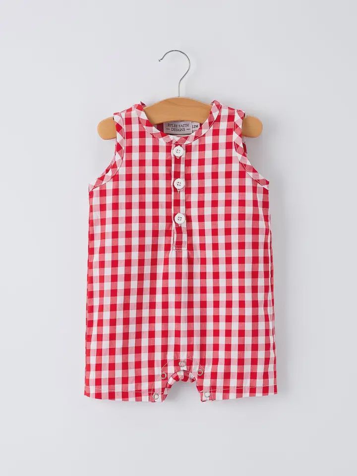 Summer Plaid Smocked Boys Romper