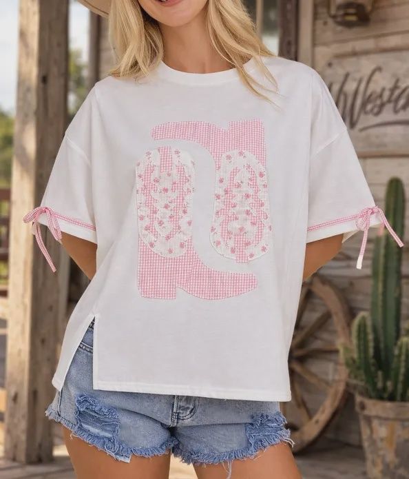 Western Boots Patch Tee Pink Gingham Cowboy Top
