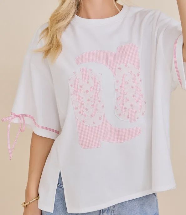 Western Boots Patch Tee Pink Gingham Cowboy Top