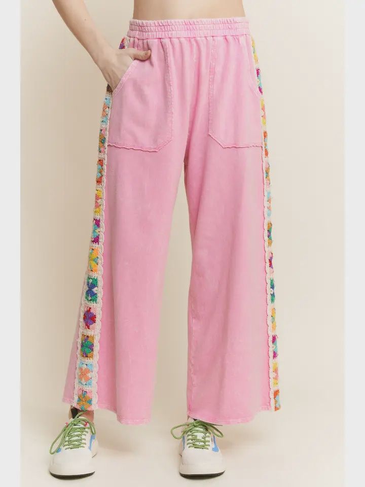 Mineral Washed Real Crochet Patch Side Trim Pants-Bubblegum