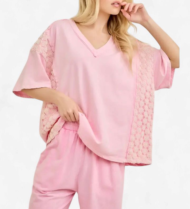 Mineral Washed Flower Daisy Trim Vneck Blouse Top