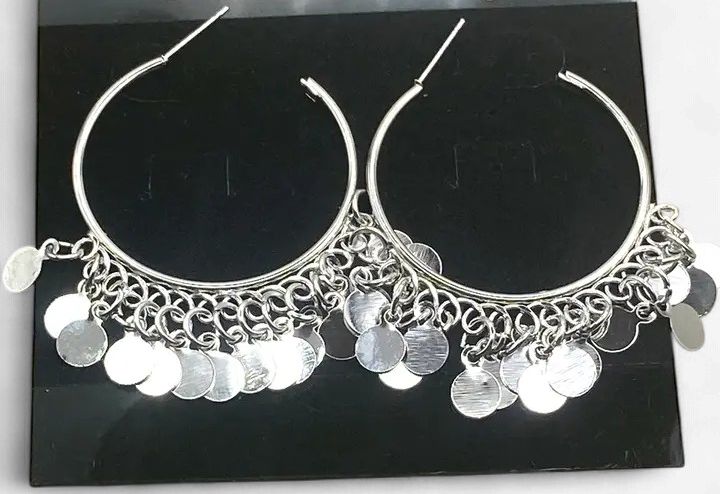 Boho Metal Sequin Hoop Earring-Silver