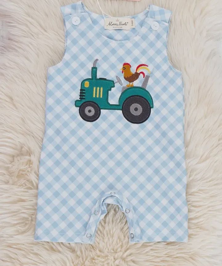 Embroidered Rooster Tractor Gingham Johnny