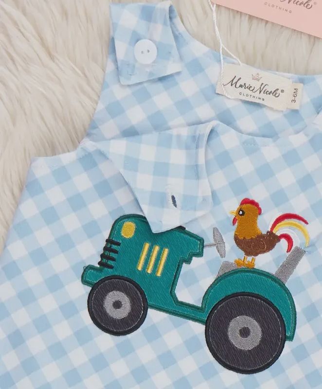 Embroidered Rooster Tractor Gingham Johnny