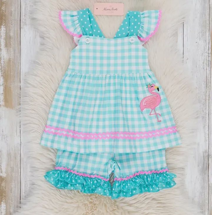 Gingham Embroidered Flamingo Party Ruffle Outfit