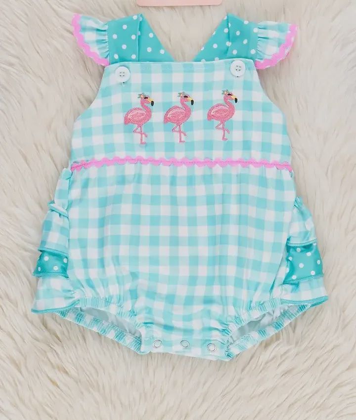 Gingham Embroidered Flamingo Party Ruffle Bubble Romper