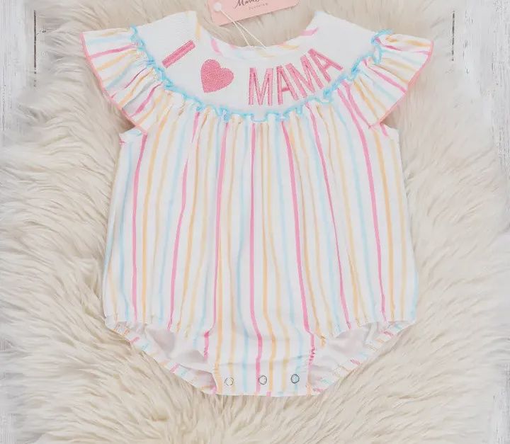 Striped "I Love Mama" Smocked Bubble