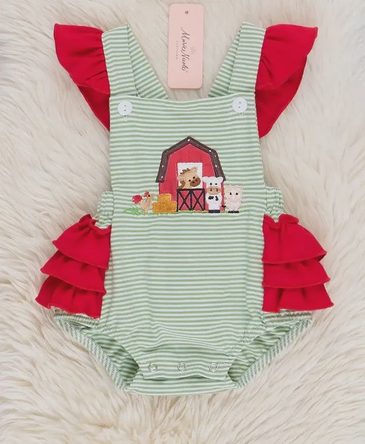 Striped Embroidered Farmhouse Cotton Ruffle Bubble Romper