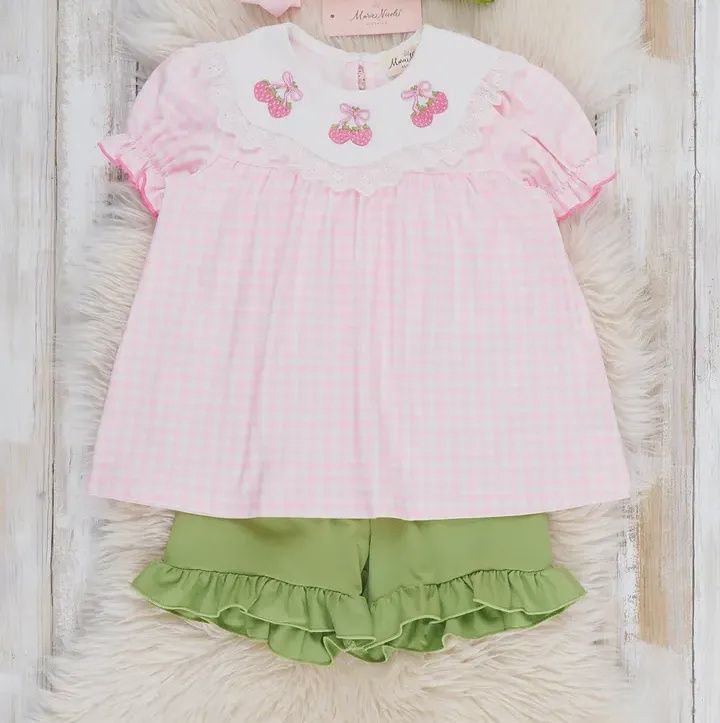 Sweet Strawberries Embroidered Gingham Outfit