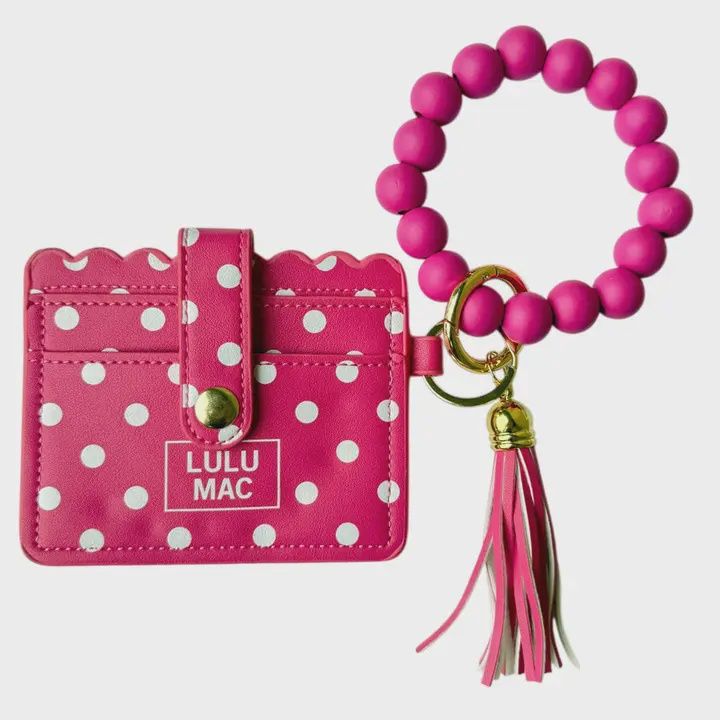 LULU Mac Beaded Wristlet Id Wallet Hot Pink/White Dot