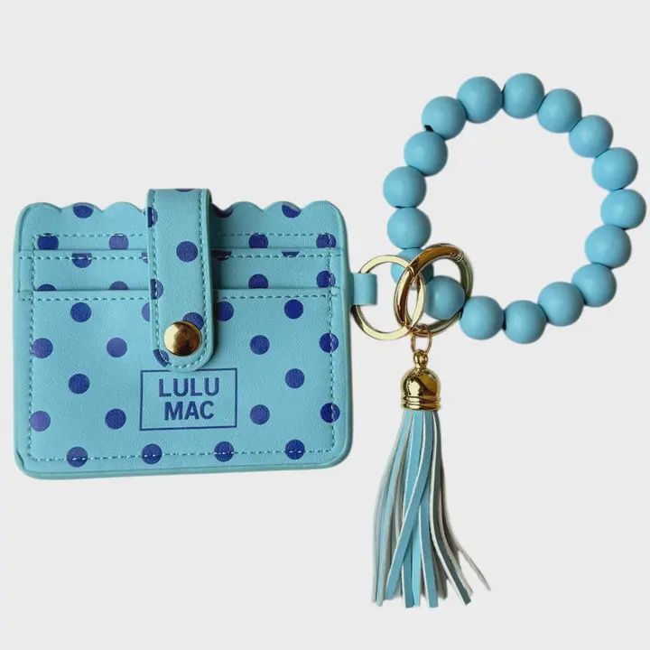 LULU Mac Beaded Wristlet Id Wallet Blue/Navy Dot