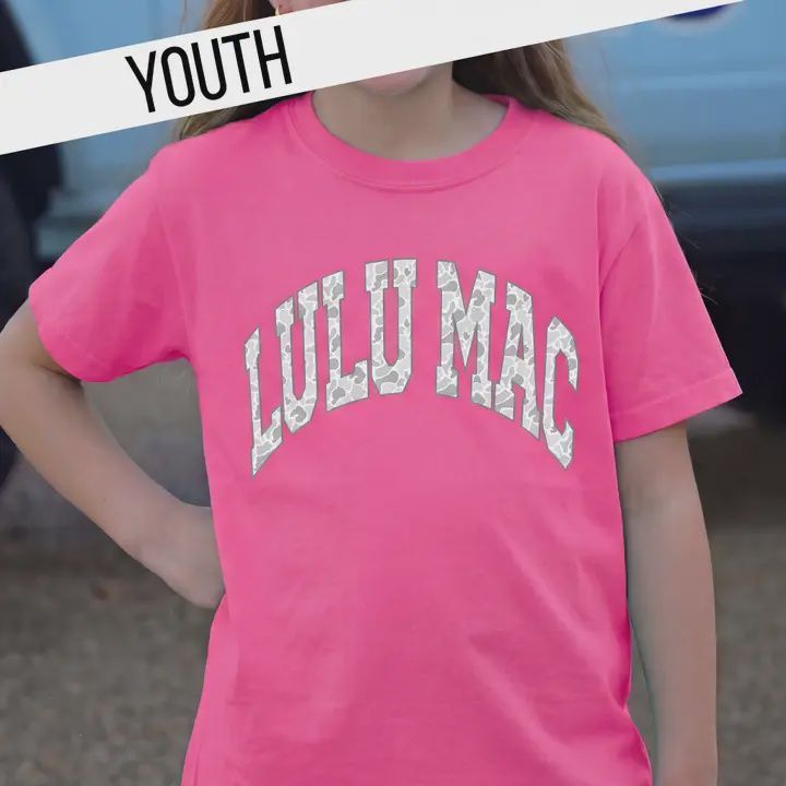 LULU Mac Camo Neon Pink Youth Comfort Colors Tee