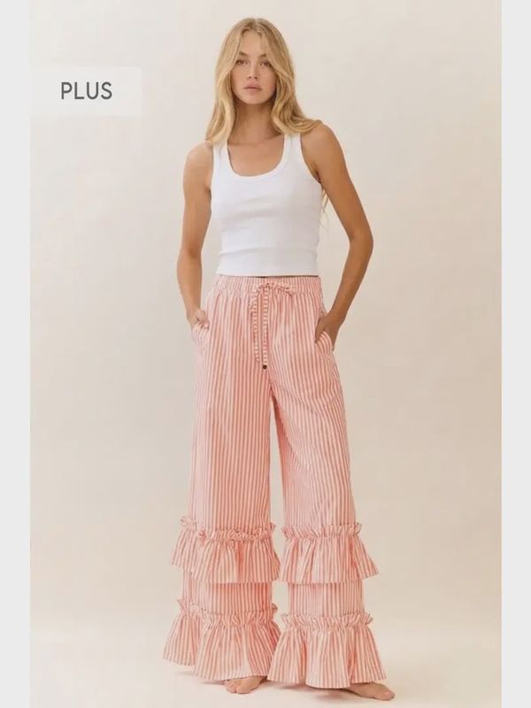 Striped Pull-On Maxi Pants - Coral