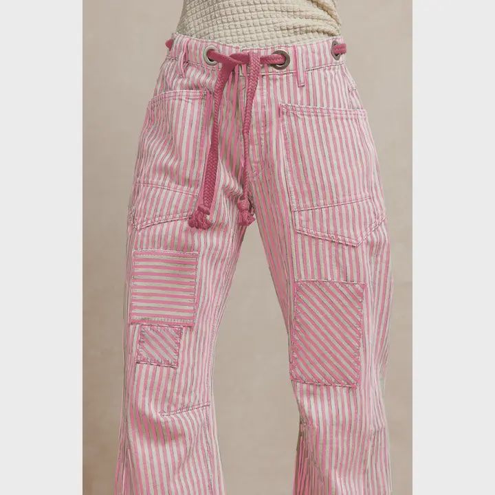 Striped Twill Barrel Pants - Pink