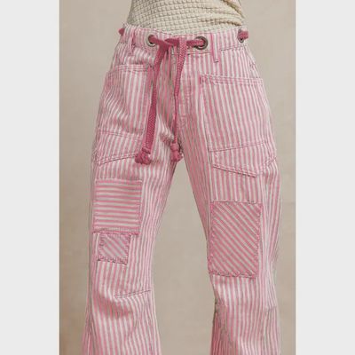 Striped Twill Barrel Pants - Pink