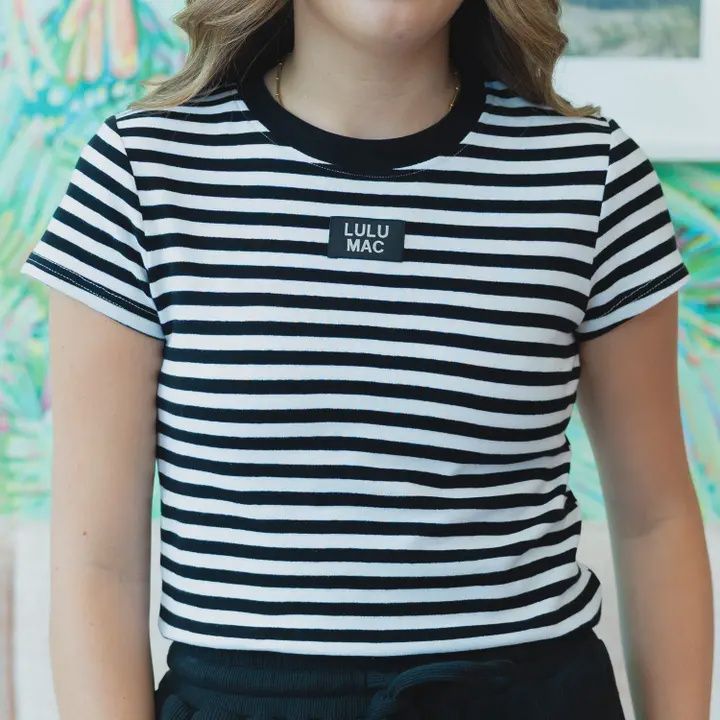 LULU Mac-Stripe Baby Doll Top Short Sleeve Black