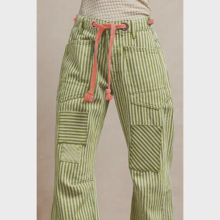 Striped Twill Barrel Pants - Lime
