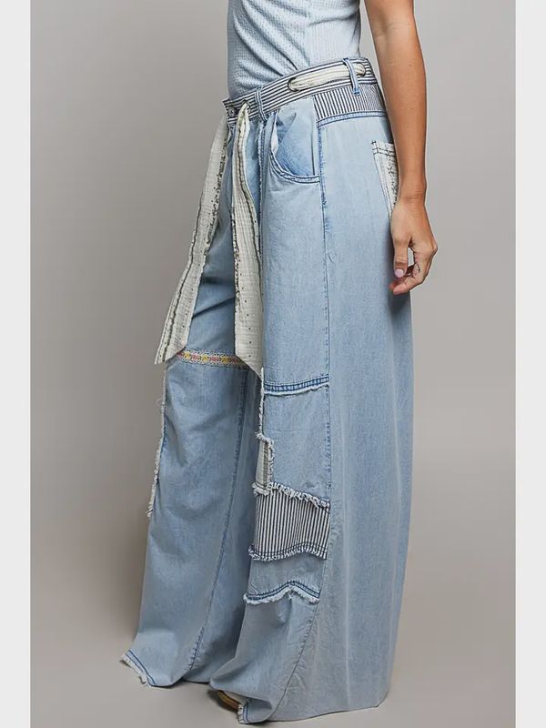 Stripe Patch High Rise Wide Leg Twill Pants