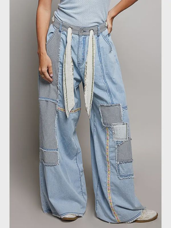 Stripe Patch High Rise Wide Leg Twill Pants
