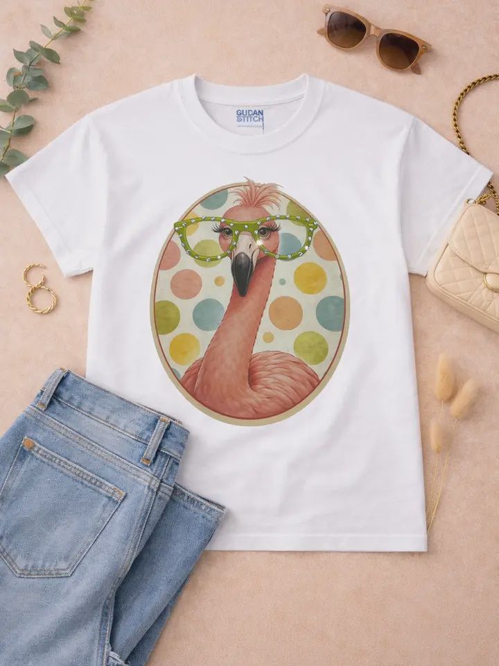 Flamingo with Rhinestone Specs Graphic T-Shirt