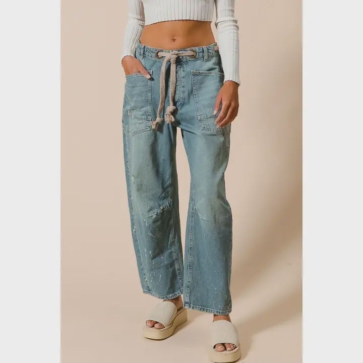 Braided Waist Belt Drip Paint Washed Denim Pants