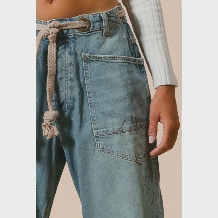 Braided Waist Belt Drip Paint Washed Denim Pants