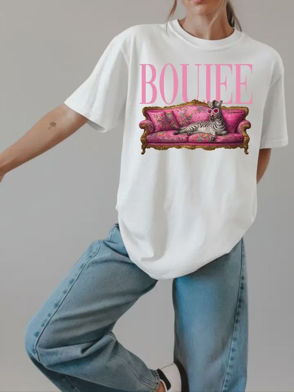 Boujee Zebra White Graphic Tee w/ Crystals