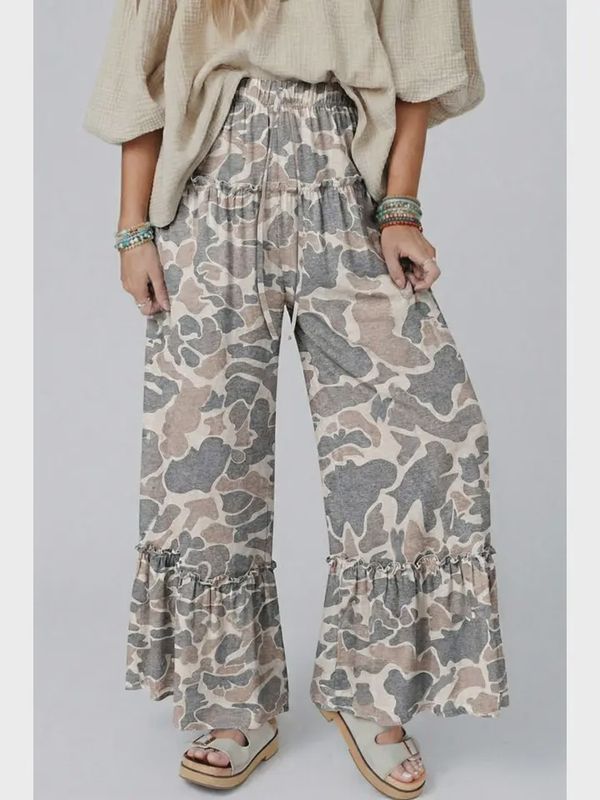 Camo Print Wide Leg Casual Pants