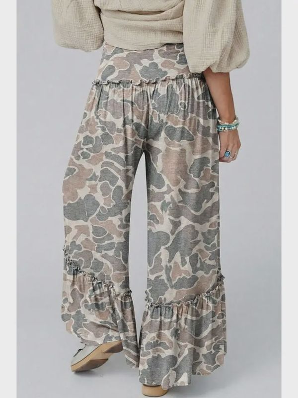 Camo Print Wide Leg Casual Pants