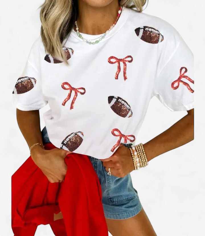 Sequins Game Day Round Neck Short Sleeve T-Shirts